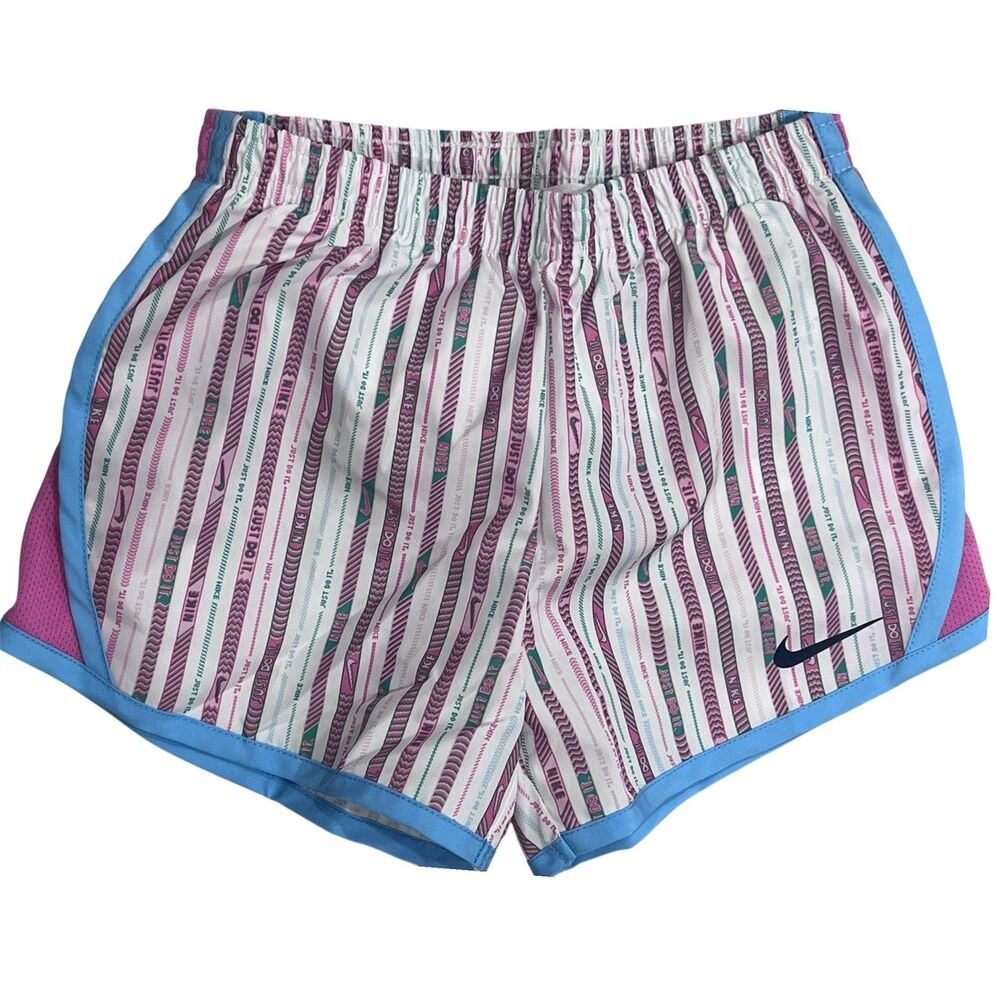 Nike Girls 6X Happy Camper Dri-FIT Tempo Running Shorts Pink Blue Striped Mesh